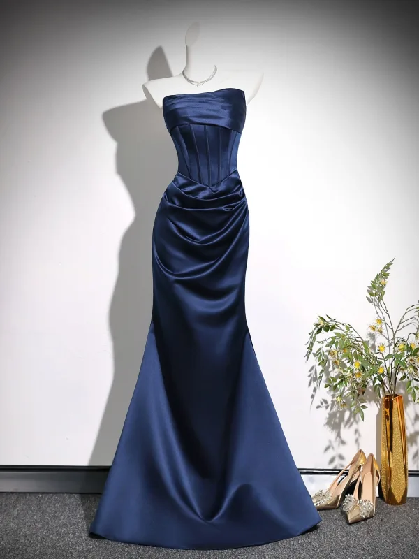 Vintage / Retro Navy Blue Evening Dresses 2026 Trumpet / Mermaid Off-The-Shoulder Short Sleeve Backless Floor-Length / Long Formal Dresses