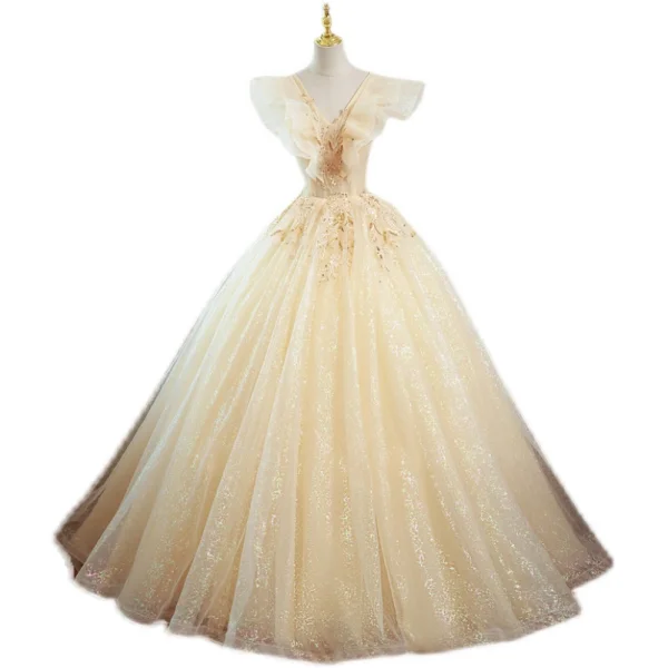 Charming Champagne Beading Sequins Prom Dresses 2022 Ball Gown V-Neck Sleeveless Backless Floor-Length / Long Prom Formal Dresses