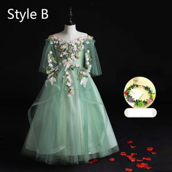 Flower Fairy Sage Green Appliques Lace Flower Birthday Flower Girl Dresses 2024 Ball Gown V-Neck Bell sleeves Court Train Flower Girl Dresses