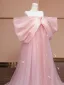Lovely Candy Pink Bow Prom Dresses 2024 A-Line / Princess Off-The-Shoulder Short Sleeve Backless Sweep Train Prom Formal Dresses