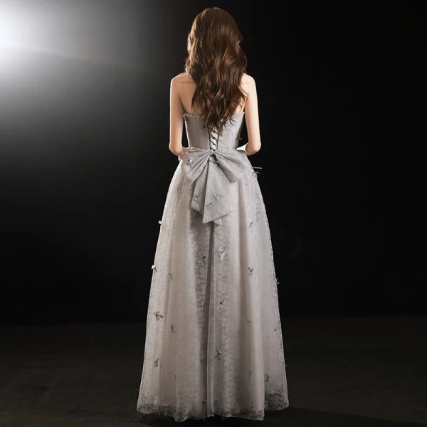 Charming Grey Evening Dresses 2022 A-Line / Princess Strapless Sleeveless Beading Pearl Backless Bow Floor-Length / Long Evening Party Formal Dresses