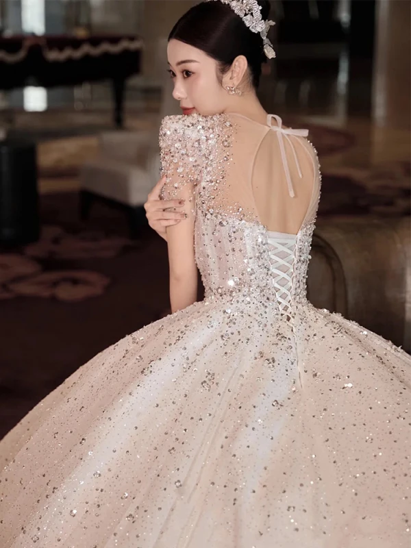 Charming White Beading Sequins Court Train Wedding Dresses 2024 Ball Gown Scoop Neck Short Sleeve Backless Wedding