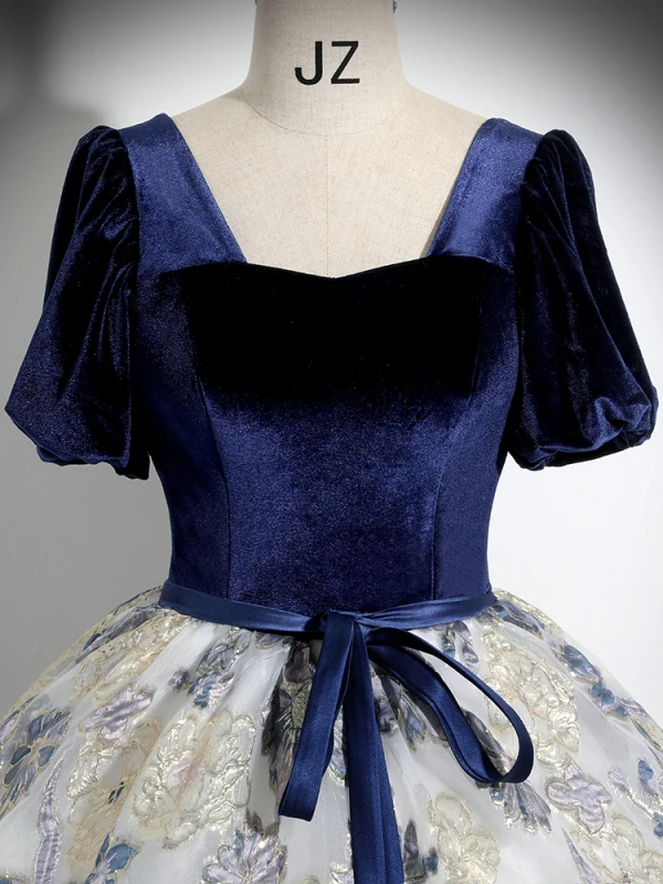 Elegant Navy Blue Printing Prom Dresses 2024 Ball Gown Square Neckline Short Sleeve Backless Bow Sash Floor-Length / Long Prom Formal Dresses