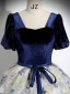 Elegant Navy Blue Printing Prom Dresses 2024 Ball Gown Square Neckline Short Sleeve Backless Bow Sash Floor-Length / Long Prom Formal Dresses