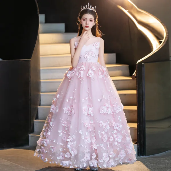 Flower Fairy Blushing Pink Pearl Appliques Birthday Flower Girl Dresses 2025 Ball Gown Scoop Neck Sleeveless Backless Floor-Length / Long