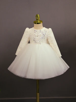 Elegant Hvit Beading Blonder Blomst Perle Paljetter Sløyfe Bursdag Blomsterpikekjoler 2024 Ballkjole Scoop Halsen Korte Langermede