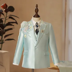 Lime Grønn Høst Vinter 6 Delt Rhinestone Blonder Blomst Langermede Dress Barn Bryllup 2024 Skuldre Smykker Frakk Bukser Skjorte Slips Vest