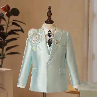 Lime Grønn Høst Vinter 6 Delt Rhinestone Blonder Blomst Langermede Dress Barn Bryllup 2024 Skuldre Smykker Frakk Bukser Skjorte Slips Vest