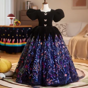 Vintage Retro Black Sequins Lace Flower Birthday Flower Girl Dresses 2025 Ball Gown Square Neckline Puffy Short Sleeve Backless Floor Length Long