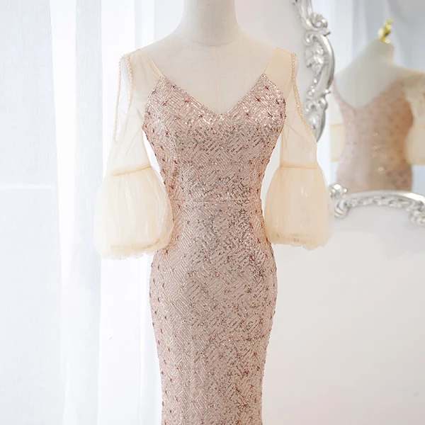 Scintillantes Doré Paillettes Robe De Soirée 2023 Trompette / Sirène V-Cou 1/2 Manches Dos Nu Train De Balayage Soirée Robe De Ceremonie