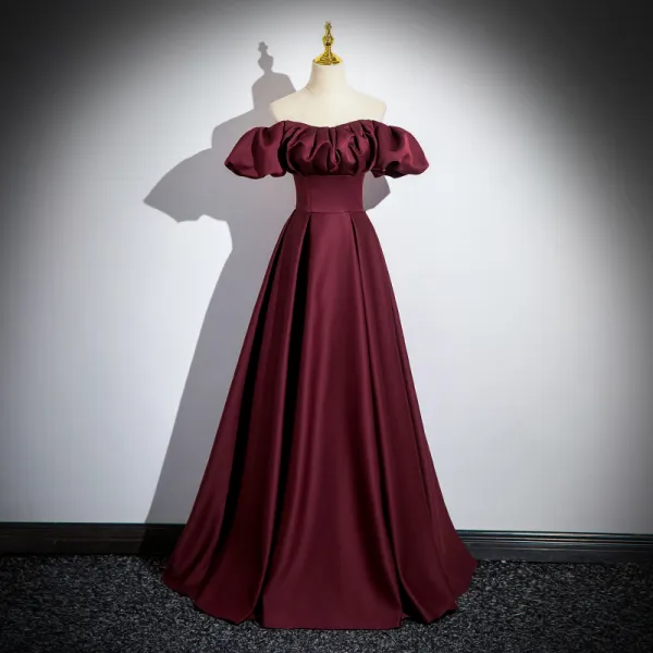 Solid Color Burgundy Satin Prom Dresses 2024 A-Line / Princess Off-The-Shoulder Crossed Straps Bridesmaid Short Sleeve Minimalist Formal Dresses