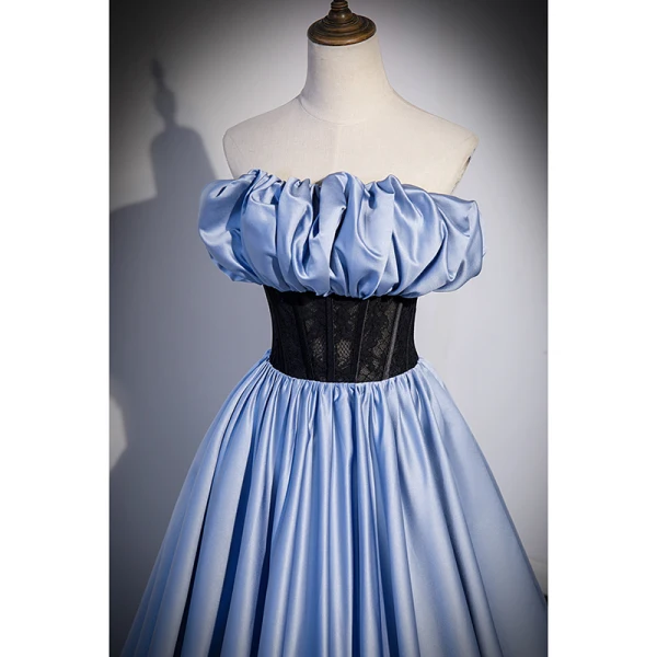 Elegant Sky Blue Satin Prom Dresses 2023 A-Line / Princess Strapless Sleeveless Backless Floor-Length / Long Prom Formal Dresses