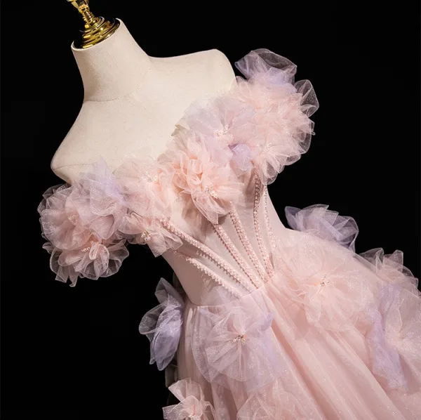 Chic / Beautiful Blushing Pink Appliques Pearl Prom Dresses 2025 A-Line / Princess Off-The-Shoulder Short Sleeve Backless Floor-Length / Long Prom Formal Dresses