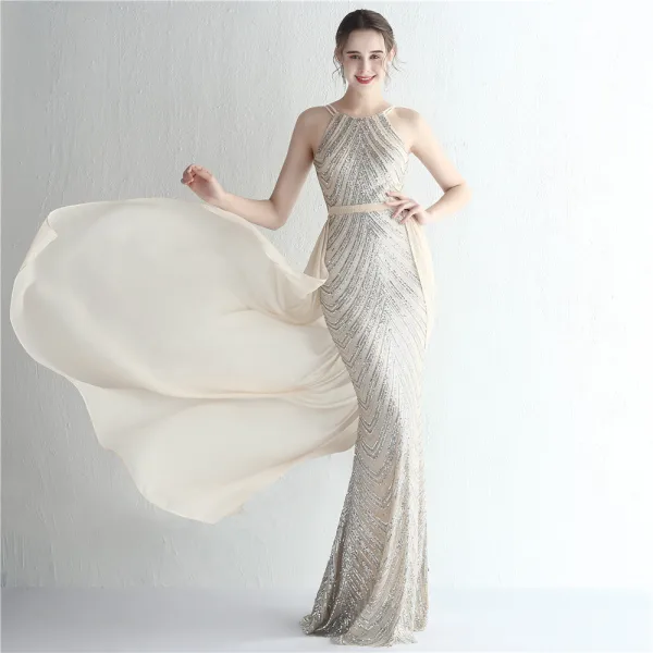 Sexy Burgundy Sequins Evening Dresses 2024 Trumpet / Mermaid Spaghetti Straps Sleeveless Backless Floor-Length / Long Evening Party Formal Dresses