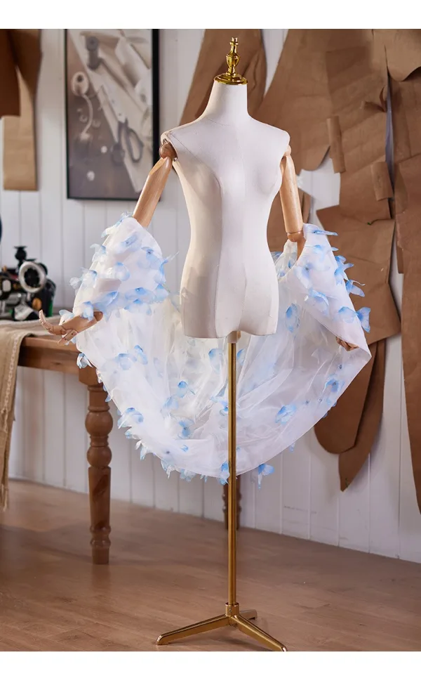 Flower Fairy Sky Blue Handmade  Appliques Prom shawl 2025