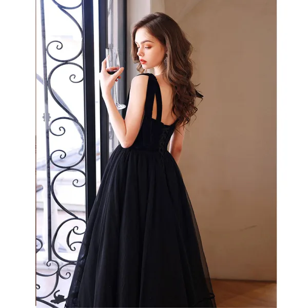Chic / Beautiful Black Rhinestone Bow Prom Dresses 2022 A-Line / Princess Spaghetti Straps Sleeveless Backless Floor-Length / Long Prom Formal Dresses