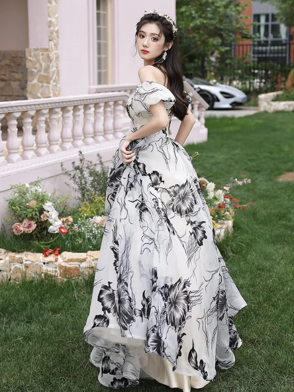 Fashion Black Printing Prom Dresses 2023 A-Line / Princess Off-The-Shoulder Short Sleeve Backless Bow Sash Floor-Length / Long Prom Formal Dresses