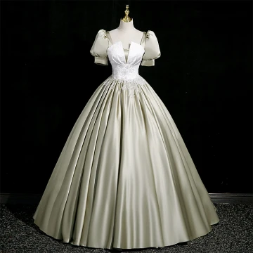 Élégant Vert Cendré Perlage Paillettes En Dentelle Fleur Robe De Bal 2024 Robe Boule Encolure Carrée Gonflée Manches Courtes Dos Nu Longue Promo Robe De Ceremonie