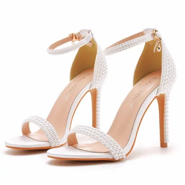 Charmant Witte Zomer Parel Bruidsschoenen 2023 10 Cm Naaldhakken Stiletto Enkelband Peep Toe Huwelijk Sandalen Hoge Hakken