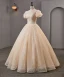 Charming Bling Bling Champagne Prom Dresses 2023 Ball Gown Scoop Neck Beading Bow Sequins Short Sleeve Backless Floor-Length / Long Prom Formal Dresses