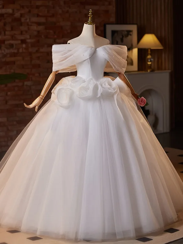 Elegant White Appliques Wedding Dresses 2025 Ball Gown Off-The-Shoulder Short Sleeve Backless Floor-Length / Long Wedding