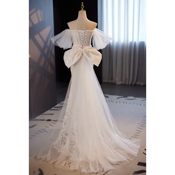 Vintage / Retro Ivory Beading Pearl Lace Flower Wedding Dresses 2024 Trumpet / Mermaid Off-The-Shoulder Short Sleeve Sweep Train