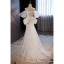 Vintage / Retro Ivory Beading Pearl Lace Flower Wedding Dresses 2024 Trumpet / Mermaid Off-The-Shoulder Short Sleeve Sweep Train