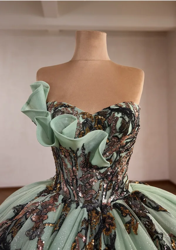 Luxus / Herrlich Salbeigrün Handgefertigt Perlenstickerei Spitze Blumen Ballkleider 2026 Ballkleid Bandeau Ärmellos Rückenfreies Kapelle-Schleppe Festliche Kleider