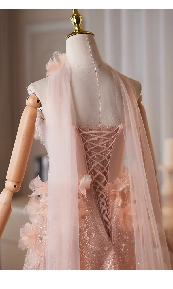 Charming Blushing Pink Appliques Glitter Pearl Rhinestone Prom Dresses 2026 A-Line / Princess Strapless Sleeveless Backless Floor-Length / Long Prom Formal Dresses