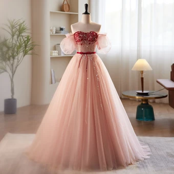 Fashion Blushing Pink Beading Sequins Prom Dresses 2023 A Line Princess Off The Shoulder Bow Sash Short Sleeve Backless Floor Length Long Prom Formal Dresses