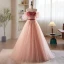 Fashion Blushing Pink Beading Sequins Prom Dresses 2023 A-Line / Princess Off-The-Shoulder Bow Sash Short Sleeve Backless Floor-Length / Long Prom Formal Dresses