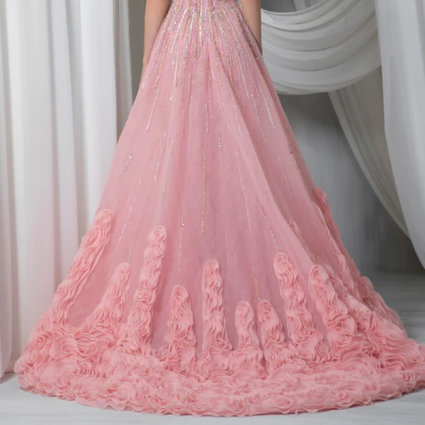 High End Rosa Abendkleider 2022 A Linie Off Shoulder Handgefertigt Perlenstickerei Strass Pailletten Ärmellos Rückenfreies Rüschen Sweep / Pinsel Zug Abend Festliche Kleider