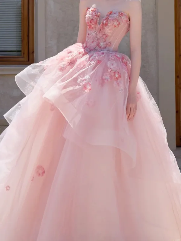 Flower Fairy Blushing Pink Appliques Prom Dresses 2025 Ball Gown Strapless Sleeveless Backless Floor-Length / Long Formal Dresses