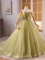 Modest / Simple Sage Green Appliques Prom Dresses 2024 Ball Gown Off-The-Shoulder Short Sleeve Backless Sweep Train Prom Formal Dresses