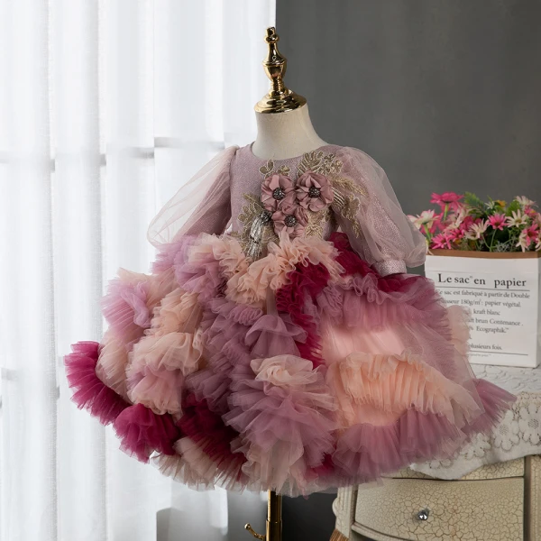 Chic / Beautiful Multi-Colors Lace Flower Appliques Cascading Ruffles Short Flower Girl Dresses 2024 Ball Gown Birthday Scoop Neck Short Sleeve