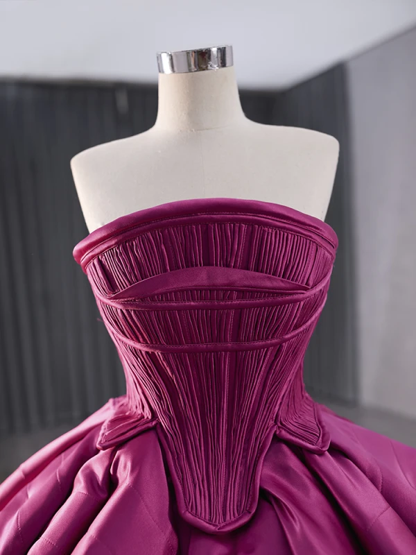 High-end Fuchsia Cascading Ruffles Satin Prom Dresses 2024 Ball Gown Strapless Sleeveless Backless Tea-length Prom Formal Dresses