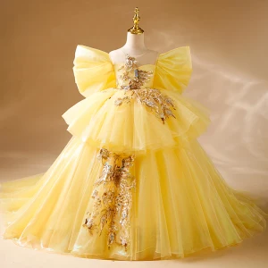 Fashion Yellow Beading Sequins Cascading Ruffles Birthday Flower Girl Dresses 2024 Ball Gown Scoop Neck Short Sleeve Backless Sweep Train