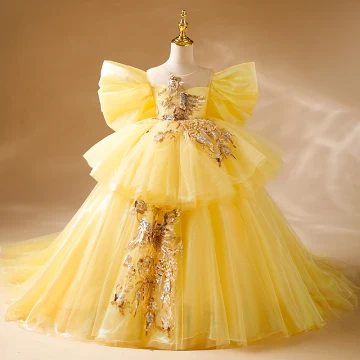 Fashion Yellow Beading Sequins Cascading Ruffles Birthday Flower Girl Dresses 2024 Ball Gown Scoop Neck Short Sleeve Backless Sweep Train