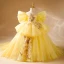 Fashion Yellow Beading Sequins Cascading Ruffles Birthday Flower Girl Dresses 2024 Ball Gown Scoop Neck Short Sleeve Backless Sweep Train