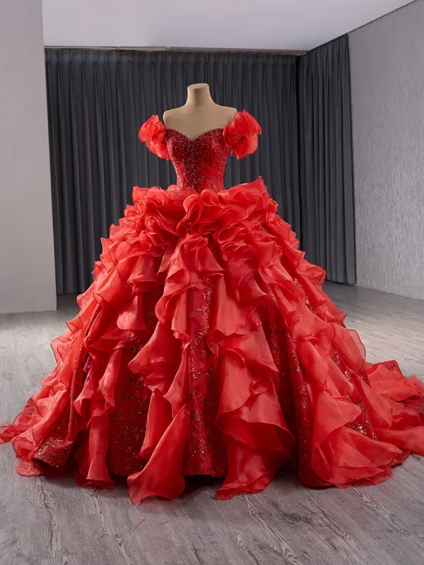 High-end Red Beading Pearl Sequins Cascading Ruffles Wedding Dresses 2024 Ball Gown Off-The-Shoulder Short Sleeve Backless Court Train Wedding