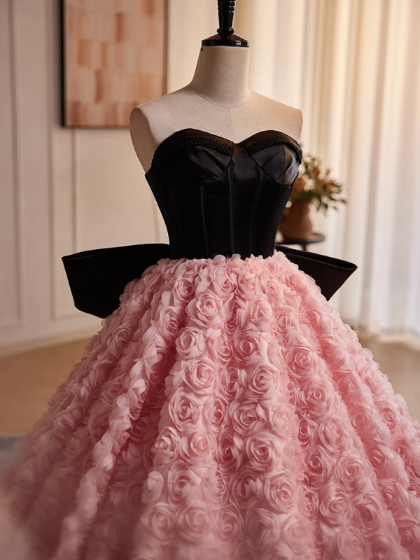 Lovely Blushing Pink Flower Prom Dresses 2024 Ball Gown Strapless Sleeveless Backless Bow Court Train Prom Formal Dresses