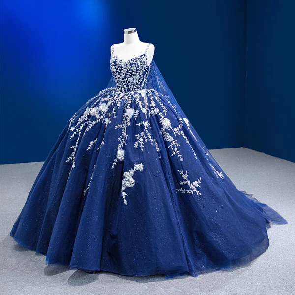 Haut de Gamme Bleu Marine Fait main Perlage Paillettes Appliques Robe De Bal 2023 Robe Boule Bretelles Spaghetti Sans Manches Dos Nu Longue Promo Robe De Ceremonie