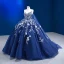 Haut de Gamme Bleu Marine Fait main Perlage Paillettes Appliques Robe De Bal 2023 Robe Boule Bretelles Spaghetti Sans Manches Dos Nu Longue Promo Robe De Ceremonie