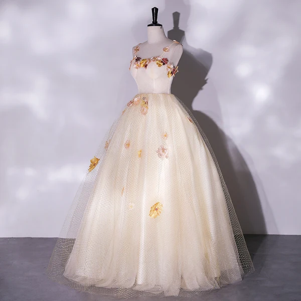 Flower Fairy Champagne Lace Flower Appliques Prom Dresses 2022 A-Line / Princess Spaghetti Straps Sleeveless Backless Floor-Length / Long Prom Formal Dresses