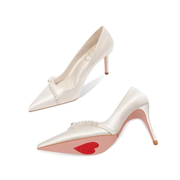 Élégant Ivoire Cuir Perle Chaussure De Mariée 2022 8 cm Talons Aiguilles À Bout Pointu Mariage Escarpins Talons Hauts