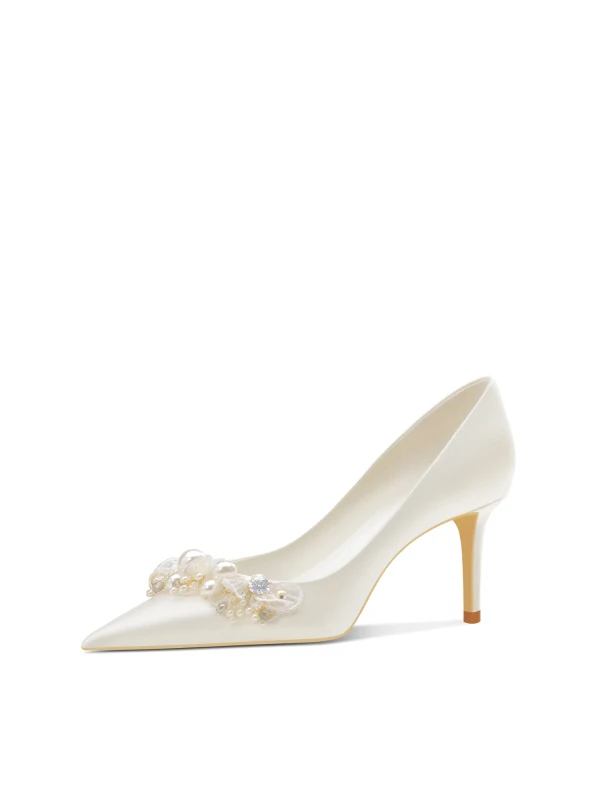 Elegante Weiß Strass Perle Satin Brautschuhe 2024 6 cm Stilettos Spitzschuh Hochzeit Pumps Hochhackige