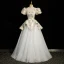 Charmant Bleu Ciel Impression Robe De Bal 2023 Robe Boule Encolure Carrée Gonflée Manches Courtes Noeud Ceinture Dos Nu Longue Promo Robe De Ceremonie
