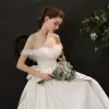 Fabulous Ivory Bow Flower Wedding Dresses 2021 Satin Sleeveless Off-The-Shoulder Outdoor / Garden Zipper Up Court Train A Line/ Princess Wedding Dresses
