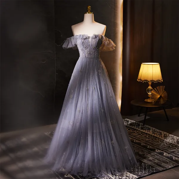 High-end Charming Lavender Beading Rhinestone Prom Dresses 2023 A-Line / Princess Off-The-Shoulder Sleeveless Backless Floor-Length / Long Formal Dresses