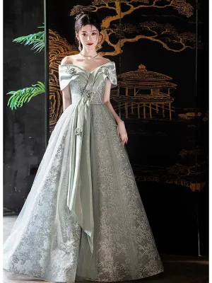 Chic Belle Vert Cendré Impression Paillettes Robe De Bal 2024 Princesse De L Épaule Manches Courtes Dos Nu Longue Promo Robe De Ceremonie